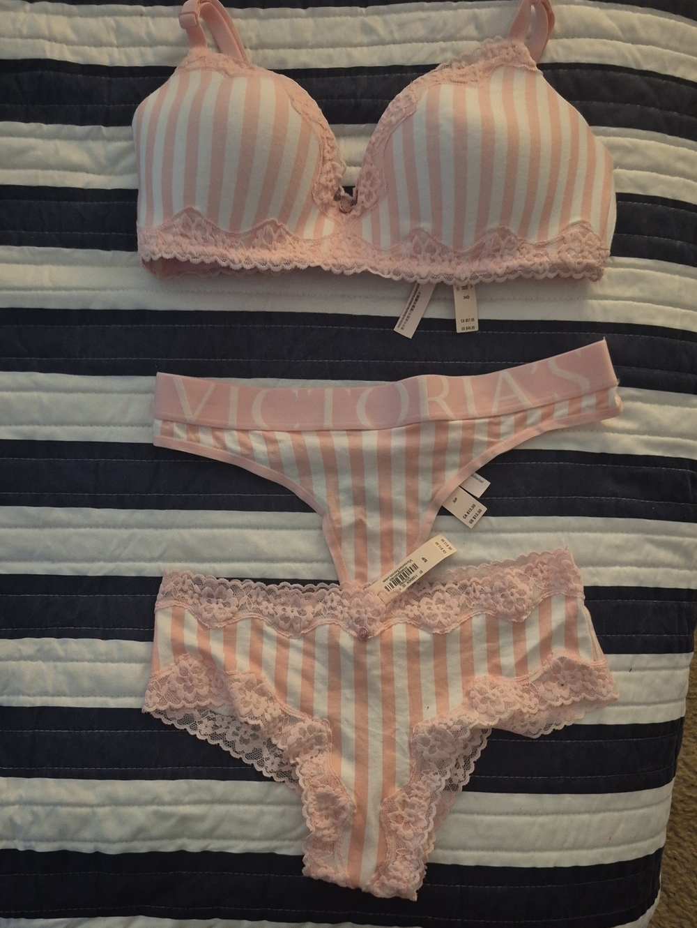 Nwt Victoria's Secret Pink & White Striped Lace Intimates Set